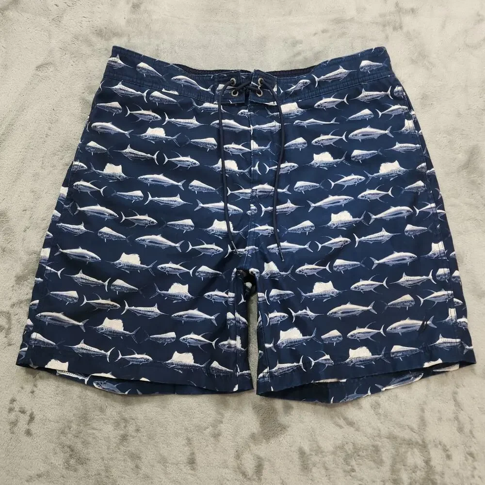 NAUTICA Board Shorts Mens L‎ Blue Deepwater Fish Print Tie Front Swim Trunks